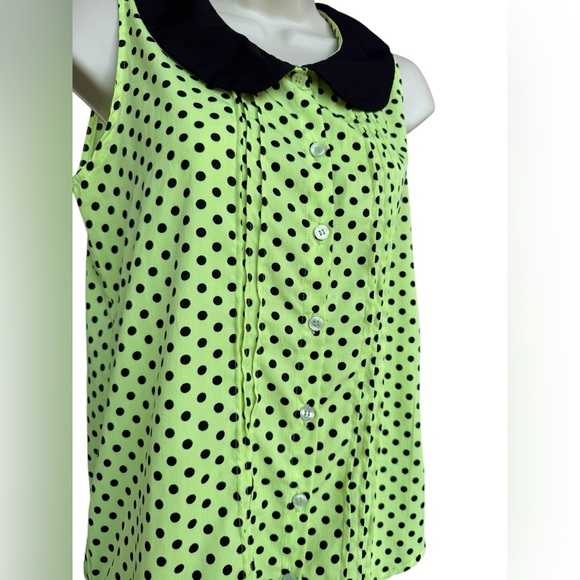 Y2K Derek Heart Women’s Neon Green Black Polka Dot Collared Button Blouse Medium - Picture 4 of 7